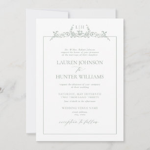 Formal Sage Green Floral Border Monogram Wedding Invitation