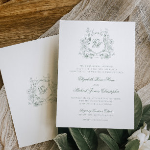 Formal Sage Green Floral Crest Monogram Wedding Invitation