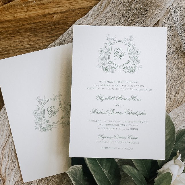 Formal Sage Green Floral Crest Monogram Wedding Invitation (Creator Uploaded)