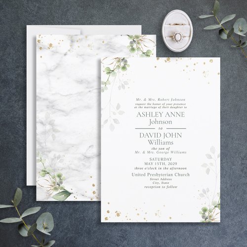 Formal Sage Green Greenery Gold Marble Wedding Invitation