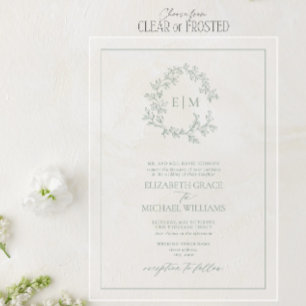 Formal Sage Green Leafy Crest Monogram Wedding Acrylic Invitations
