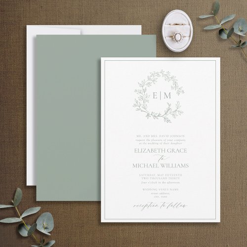 Formal Sage Green Leafy Crest Monogram Wedding Invitation