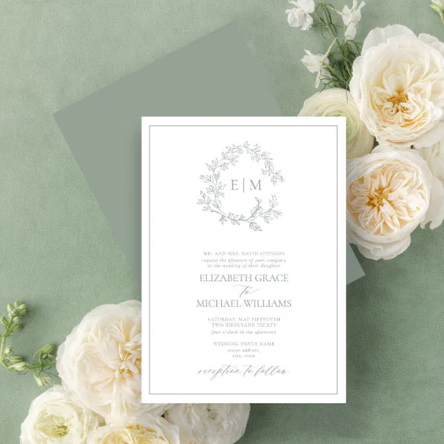 Formal Sage Green Leafy Crest Monogram Wedding Invitation | Zazzle