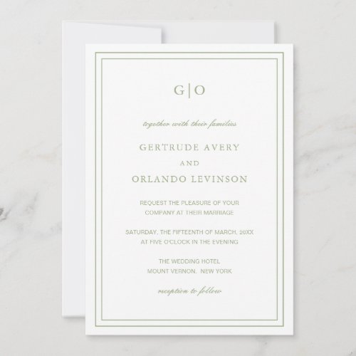 Formal Sage Green Monogram Elegant QR Code Wedding Invitation