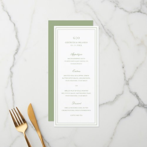 Formal Sage Green Monogram Elegant Wedding Menu