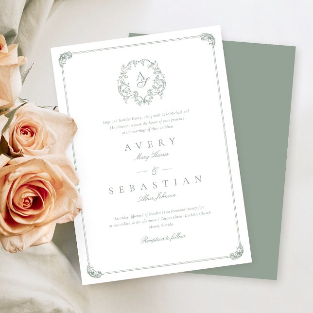 Formal Sage Green Monogram Wedding Invitation (Creator Uploaded)