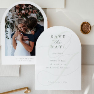 Formal Sage Green Script Arch Photo Wedding  Save The Date