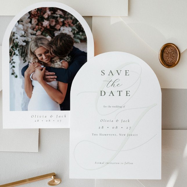 Formal Sage Green Script Arch Photo Wedding  Save The Date (Creator Uploaded)