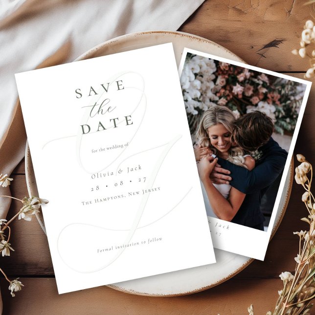 Formal Sage Green Script Photo Wedding  Save The Date (Creator Uploaded)