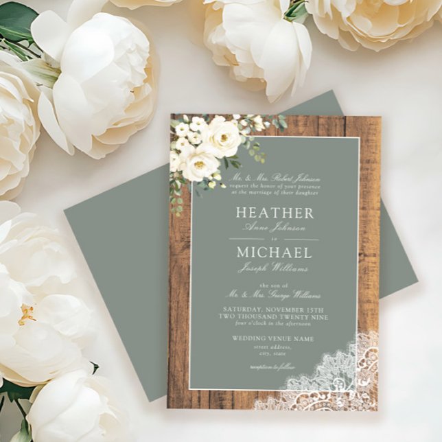 Formal Sage Green White Floral Wood Script Wedding Invitation (Creator Uploaded)