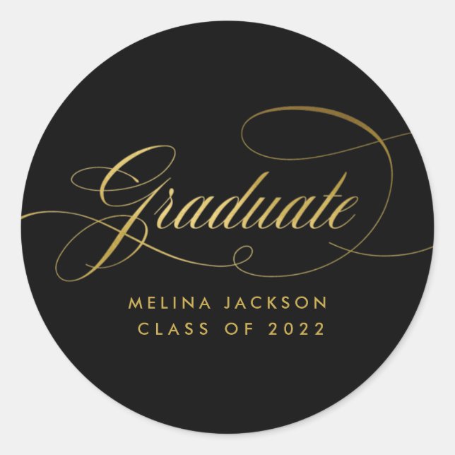 Formal Script Black and Gold Graduation Classic Round Sticker (Front)