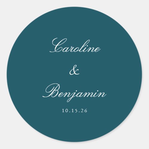 Formal Script Elegant Wedding Custom Teal Classic Round Sticker