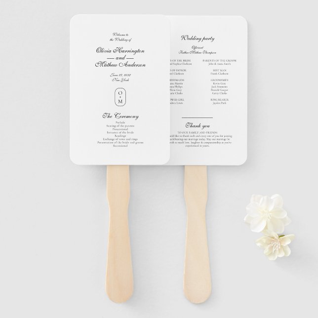 Formal Script Geometric Monogram Wedding Program Hand Fan (Front and Back)