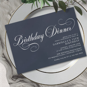Formal Script Modern Navy Blue Birthday Dinner Invitation