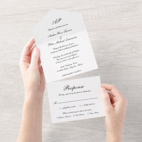 Formal Script Monogram Black White Elegant Wedding All In One Invitation