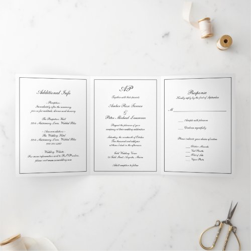 Formal Script Monogram Black White Elegant Wedding Tri_Fold Invitation
