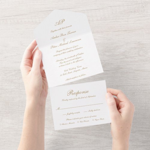 Formal Script Monogram Gold Elegant Wedding All In One Invitation