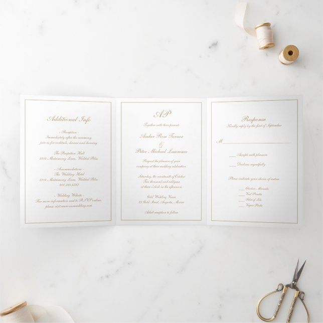 Formal Script Monogram Gold Elegant Wedding Tri-Fold Invitation (Inside)