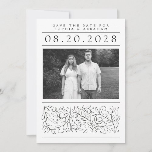 Formal Scrolling Leaves Black and White Photo Save The Date
