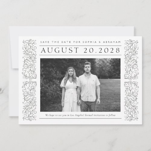 Formal Scrolling Leaves Black and White Photo Save The Date