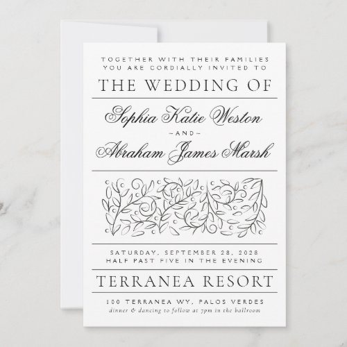 Formal Scrolling Leaves Black and White Wedding Invitation