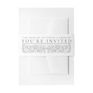 Formal Scrolling Leaves Black and White Wedding Invitation Belly Band