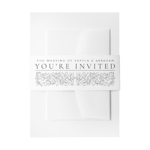Formal Scrolling Leaves Black and White Wedding Invitation Belly Band