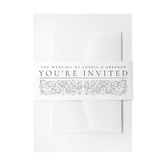 Formal Scrolling Leaves Black and White Wedding Invitation Belly Band (Front Example)