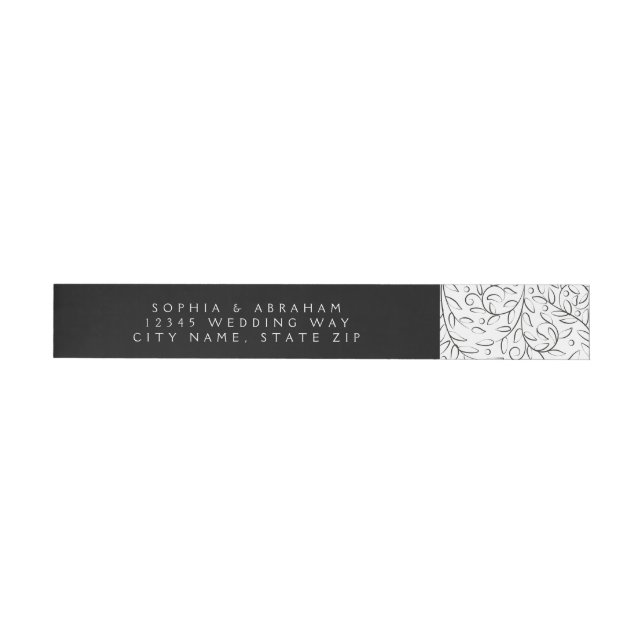 Formal Scrolling Leaves Black and White Wedding Wrap Around Label (Individual)