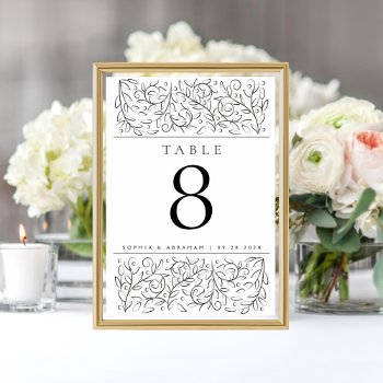 Formal Scrolling Leaves Black White Table Number by beckynimoy at Zazzle