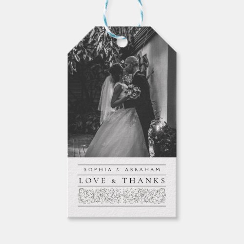 Formal Scrolling Leaves Black White Wedding Photo Gift Tags