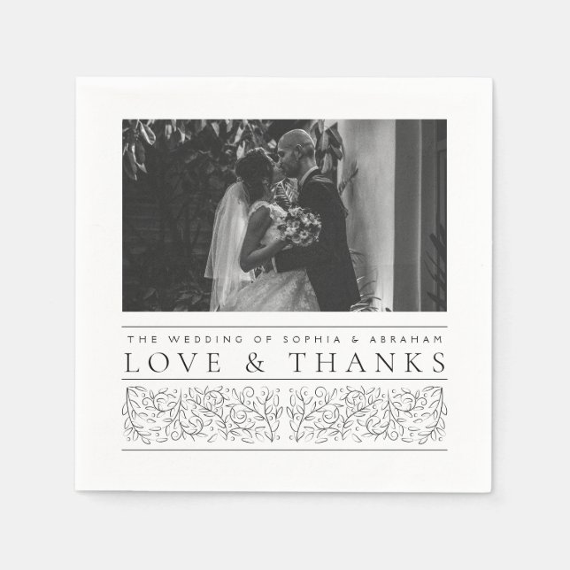 Formal Scrolling Leaves Black White Wedding Photo Napkins (Front)
