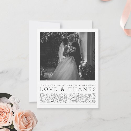 Formal Scrolling Leaves Black White Wedding Photo Thank You Card