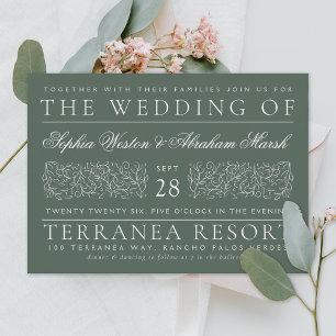 Formal Scrolling Leaves Dark Green Wedding Invitation