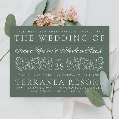 Formal Scrolling Leaves Dark Green Wedding Invitation