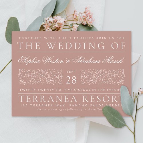 Formal Scrolling Leaves Dusty Rose Wedding Invitation