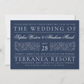 Formal Scrolling Leaves Navy Blue Wedding Invitation by beckynimoy at Zazzle