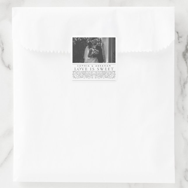 Formal Scrolling Leaves Photo Love is Sweet Square Sticker (Bag)