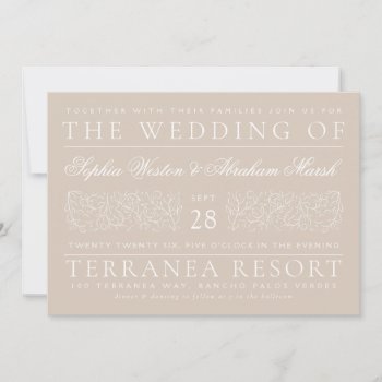 Formal Scrolling Leaves Sandy Beige Wedding Invitation by beckynimoy at Zazzle