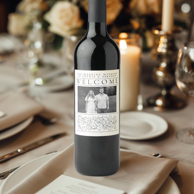 Formal Scrolling Leaves Wedding Welcome Guests Wine Label (Creator Uploaded)