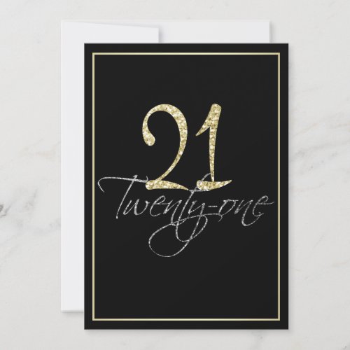 Formal Silver Black and Gold 21st Birthday Party Invitation - Formal Silver Black and Gold 21st Birthday Party Invitation. These formal, stylish invitations have the number "21" in sparkling gold headline and the word "twenty-one" overlapping in cursive silver script, both on a smart black background with an elegant gold gradient border. Select "customize it" to start personalizing your twenty-first birthday invitations. Add your own birthday invitation text and change your colors on the back of the card using Zazzle's easy to use menu prompts until your invitation looks exactly the way you want it in your screen. Choose from a great selection of papers and add round edges or choose a different size or shape of invitation as you desire. If you need any help customizing your invitations, please don't hesitate to contact me through my store and I'll be happy to help you. Please note that all Zazzle designs are flat printed and that the gold, silver and glitter are printed digital effects.
