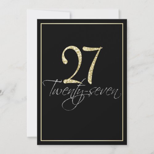 Formal Silver Black and Gold 27th Birthday Party Invitation - Formal Silver Black and Gold 27th Birthday Party Invitation. These formal, stylish invitations have the number "27" in sparkling gold headline and the word "twenty-seven" overlapping in cursive silver script, both on a smart black background with an elegant gold gradient border. Select "customize it" to start personalizing your twenty-seventh birthday invitations. Add your own birthday invitation text and change your colors on the back of the card using Zazzle's easy to use menu prompts until your invitation looks exactly the way you want it in your screen. Choose from a great selection of papers and add round edges or choose a different size or shape of invitation as you desire. If you need any help customizing your invitations, please don't hesitate to contact me through my store and I'll be happy to help you. Please note that all Zazzle designs are flat printed and that the gold, silver and glitter are printed digital effects.
