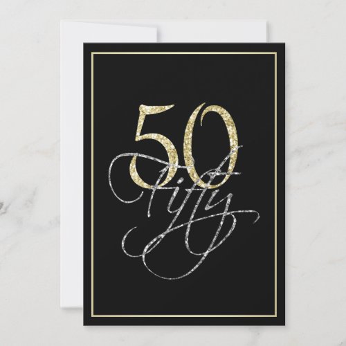 Formal Silver Black and Gold 50th Birthday Party Invitation - Formal Silver Black and Gold 50th Birthday Party Invitation. These formal, stylish invitations have the number "50" in sparkling gold headline and the word "fifty" overlapping in cursive silver script, both on a smart black background with an elegant gold gradient border. Select "customize it" to start personalizing your fiftieth birthday invitations. Add your own birthday invitation text and change your colors on the back of the card using Zazzle's easy to use menu prompts until your invitation looks exactly the way you want it in your screen. Choose from a great selection of papers and add round edges or choose a different size or shape of invitation as you desire. If you need any help customizing your invitations, please don't hesitate to contact me through my store and I'll be happy to help you. Please note that all Zazzle designs are flat printed and that the gold, silver and glitter are printed digital effects.
