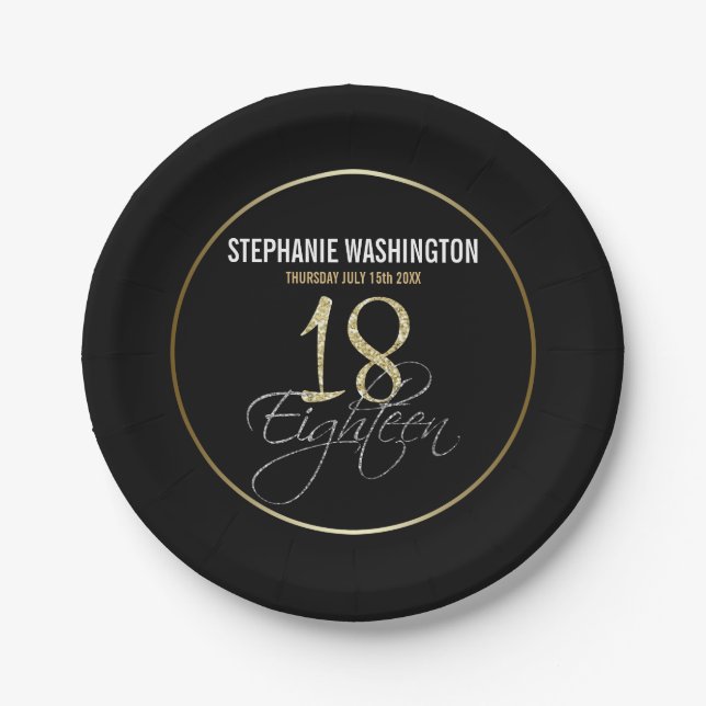 Formal Silver, Black & Gold 18th Birthday Paper Plates (Front)