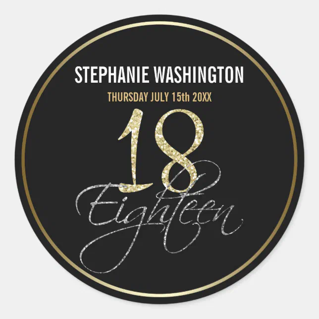 Formal Silver, Black & Gold 18th Birthday Party Classic Round Sticker ...