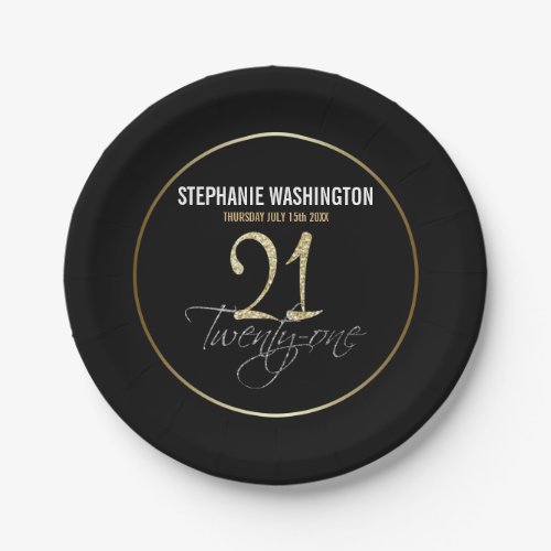 Formal Silver, Black & Gold 21st Birthday Paper Plates - Formal Silver, Black & Gold 21st Birthday Party Plates. These formal, stylish paper plates have the number "21" in sparkling gold headline and the word "twenty-one" overlapping in cursive silver script, both on a smart black background with an elegant gold gradient border. Customize these plates by putting the name of the birthday boy or girl and the date! These 21st birthday party plates are in a set of matching products, please look at the collection for the full bundle! Please note that all Zazzle designs are flat printed and that the gold, silver and glitter are printed digital effects.