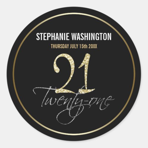 Formal Silver Black  Gold 21st Birthday Party Classic Round Sticker