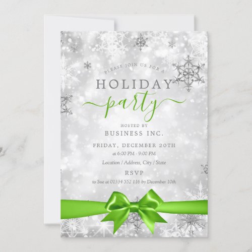 Formal Silver Ribbon Corporate Holiday Party Green Invitation