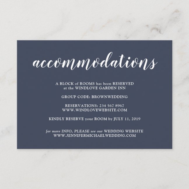 Formal Simple Navy Wedding Accommodations Enclosure Card
