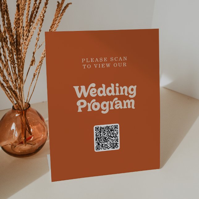 Formal Simple Terracotta QR Code Wedding Program Pedestal Sign (Creator Uploaded)
